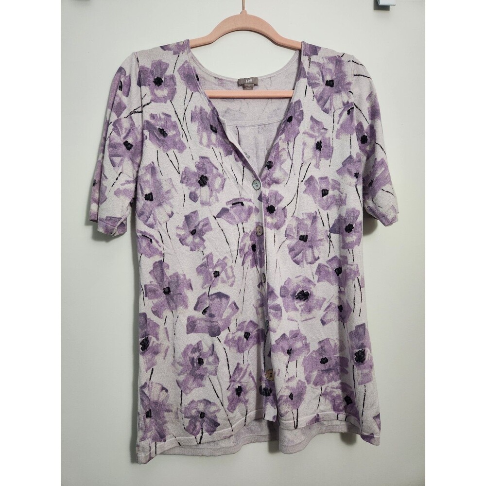 J.Jill Womens Sz M Silk Short Sleeve Button Down Cardigan Purple Floral Layering